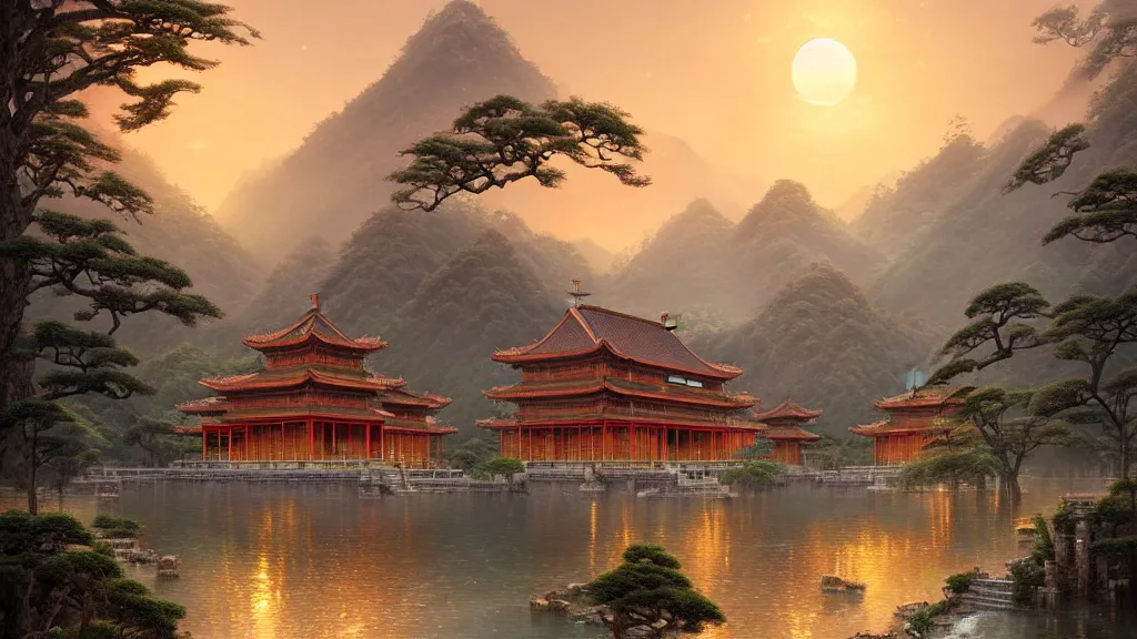 Prompt: a beautiful painting of chinese - style ancient architecture city group built like a forest, at sunrise, bright moonlight and stars, mountains and flowing water in the distance by greg rutkowski and thomas kinkade, trending on artstation
