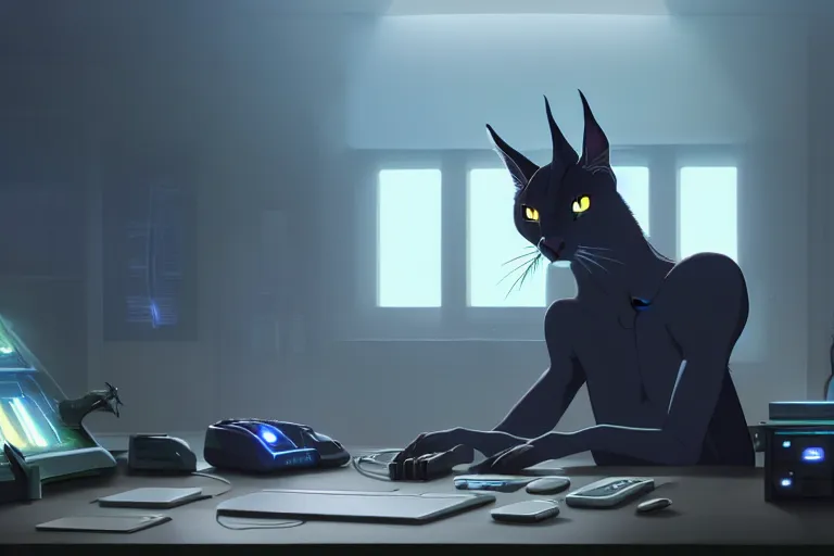 Prompt: a nerdy caracal is programming at a computer in a room full of gadgets, by makoto shinkai and ghibli studio, dramatic lighting, highly detailed, incredible quality, trending on artstation