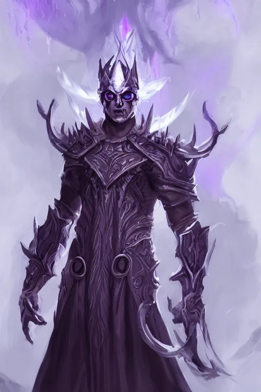 Prompt: man male demon, full body white purple cloak, warlock, character concept art, costume design, illustration, black eyes, white horns, trending on artstation, WLOP