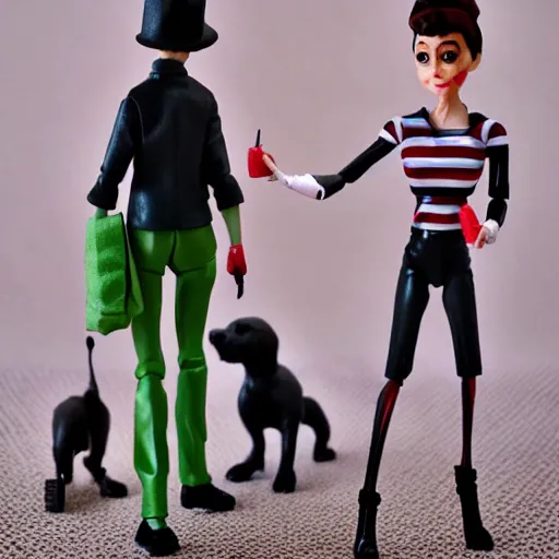 Image similar to audrey hepburn cos play professional dog walker ( 5 small dogs ), stop motion vinyl action figure, plastic, toy, butcher billy style