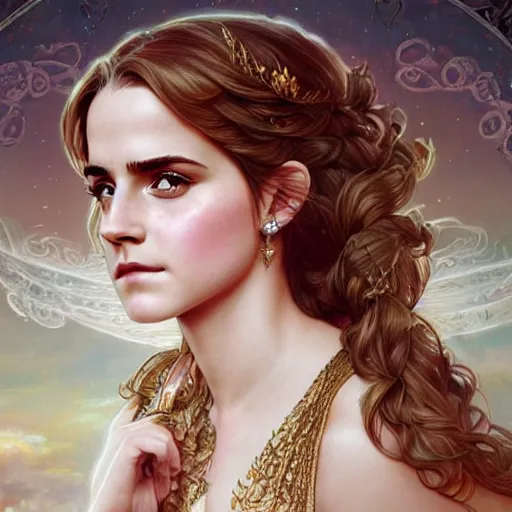 Image similar to Emma Watson as a roman Goddess, cute, fantasy, intricate, elegant, highly detailed, digital painting, 4k, HDR, concept art, smooth, sharp focus, illustration, art by artgerm and H R Giger and alphonse mucha