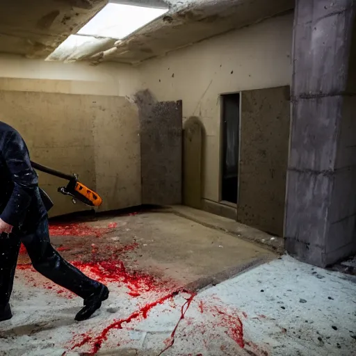 Image similar to putin with a chainsaw and a corpse. in a concrete bunker. focus on putins face with blood splatters. canon eos r 3, f / 1. 4, iso 1 6 0 0, 1 / 8 0 s, 8 k, raw, grainy