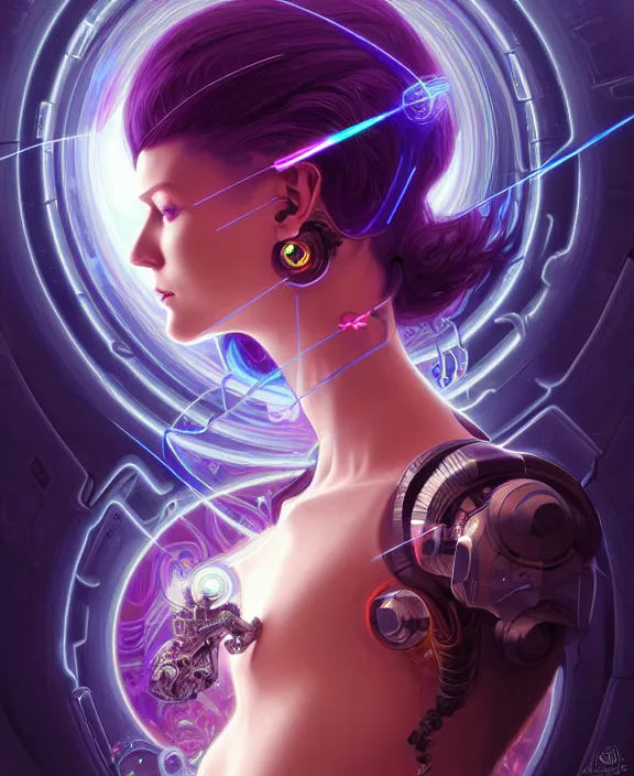 Image similar to a whirlwind of souls rushing inside the metaverse, hologram, half body, neurochip, shaved temple, piercing, jewelry, android, cyborg, cyberpunk face, by loish, d & d, fantasy, intricate, elegant, highly detailed, colorful, digital painting, artstation, concept art, art by artgerm and greg rutkowski and alphonse mucha