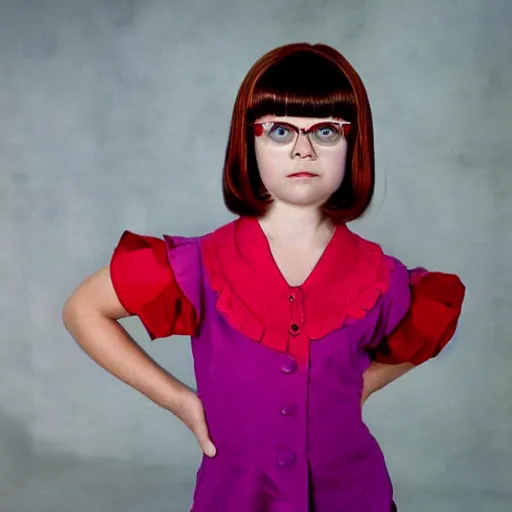 Image similar to matilda may is velma from scooby doo show, she is staring at the photographer,
