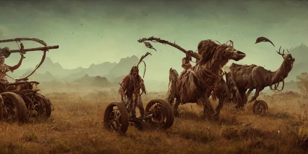 Image similar to photo of an ancient tribesman on ancient atv with big wooden wheels, hunting panicked buffalo herd ,attacking, wild chase, action scene, an epic fantasy, dramatic lighting, cinematic, establishing shot, extremely high detail, photorealistic, cinematic lighting, artstation, octane render, by simon stalenhag, horizon forbidden west,old photo, high speed photography, vintage