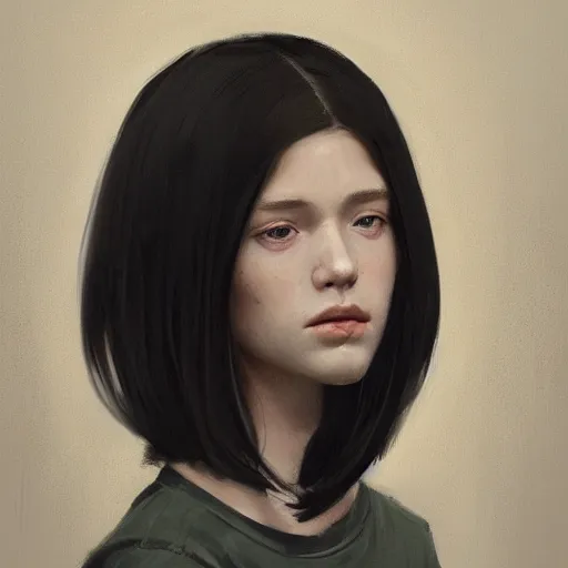 Image similar to portrait of a girl by greg rutkowski, she is about 2 0 years old, mixture between russian and japanese, prettt, black bob hair with two strands around her face, googles on her forehead, wearing a oversized jumper jumpsuit, highly detailed portrait, digital painting, artstation, concept art, smooth, sharp foccus ilustration, artstation hq