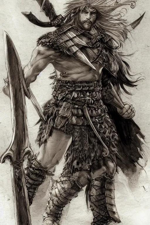 Image similar to A realistic anime portrait of a young handsome male barbarian with long wild hair, intricate fantasy spear, plated armor, D&D, dungeons and dragons, tabletop role playing game, rpg, jrpg, digital painting, by Frank Frazetta, concept art, highly detailed, promotional art, HD, digtial painting, trending on ArtStation, golden ratio, rule of thirds, SFW version