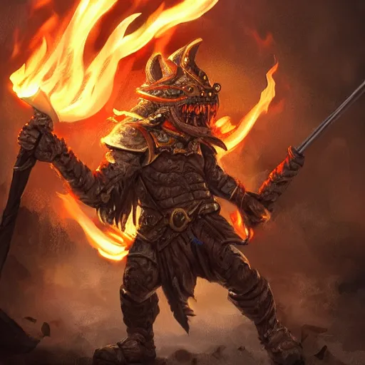 Prompt: a lone warrior standing in-front of goblins with a flaming sword in their hand fantasy D&D trending on artstation award winning
