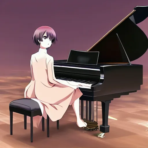 Prompt: a beautiful girl sitting at a grand piano, perspective piece, tearful and emotional, anime key visual