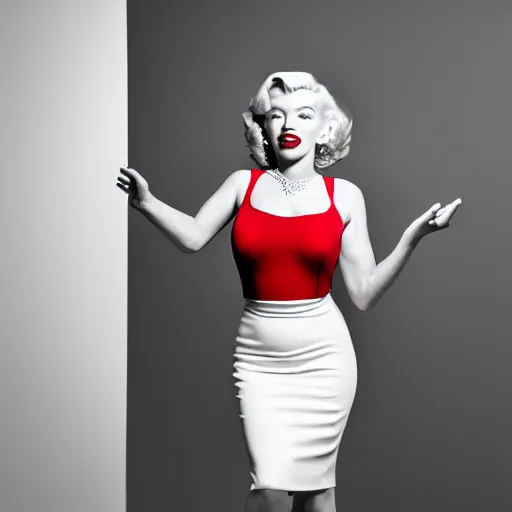 Image similar to Stunning modern studio portrait photograph of the original female model named Marilyn Monroe standing in a white room wearing a red dress, pretty face, digital art by NVIDIA, XF IQ4, f/1.4, ISO 200, 1/160s, 8K, RAW, unedited, symmetrical balance, in-frame, sharpened, RTX On