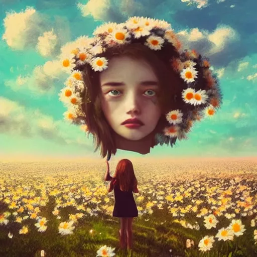 Image similar to girl with a giant daisies head, surreal photography, flower field, sunset dramatic light, impressionist painting, colorful clouds, blue sky, digital painting, artstation, simon stalenhag