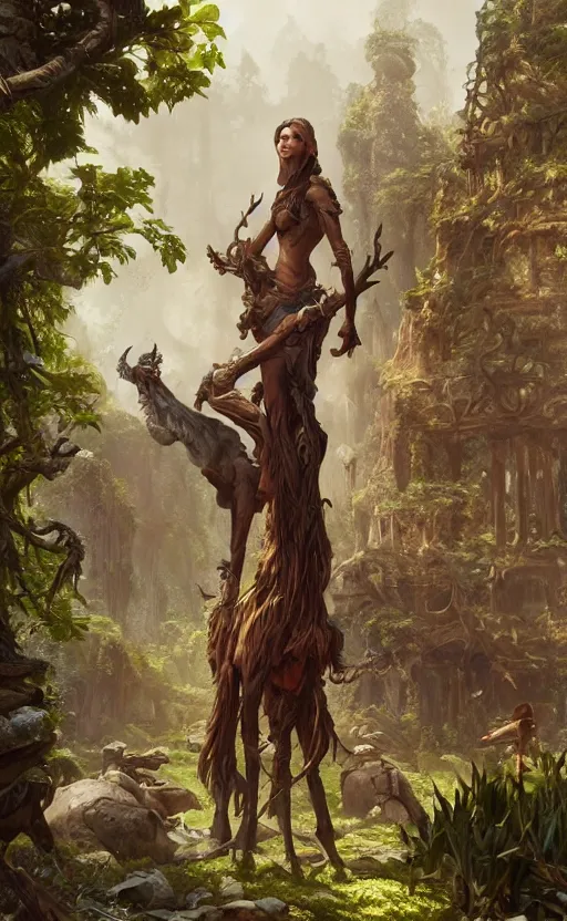 Image similar to wood elf surrounded by animals ruins landscape, d & d, fantasy, intricate, highly detailed, digital painting, artstation, octane render, concept art, matte, sharp focus, illustration, hearthstone, art by artgerm and greg rutkowski and alphonse mucha