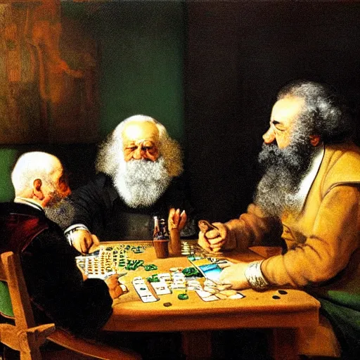 Prompt: Angry Karl Marx and bored Plato playing Poker by Rembrandt