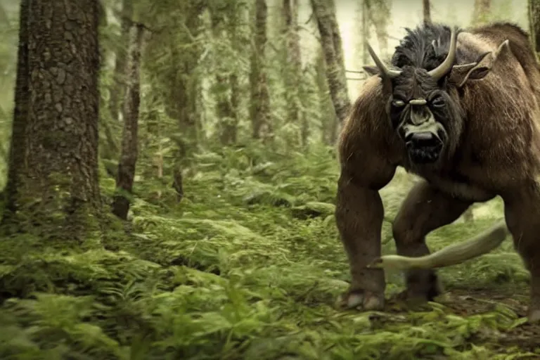 Prompt: vfx movie closeup detailed ancient warrior orc hunting elk in the forest, natural lighting by emmanuel lubezki