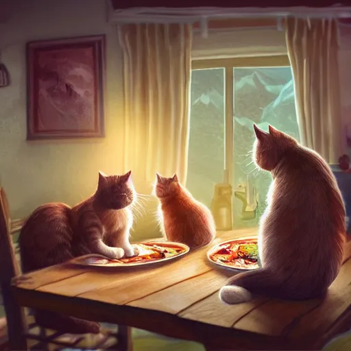 Image similar to family of cats enjoying family dinner, highly detailed, warm colors, friendly, cartoon, hand painted, artstation, concept art, sharp focus, illustration, octane render, award winning, masterpiece, art by studio 4