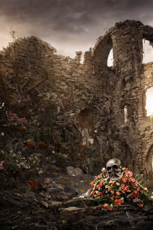 Image similar to a human skeleton full of flowers sitting in a destroyed and ruined throne in a ruined castle at sunrise, concept art, octane render, unreal engine 5, trending on Artstation, high quality, 8K, soft lighting, trending on DeviantArt, highly detailed, digital art, hyperrealistic, path traced, godrays, complementary colors, natural lighting, anatomically correct, five fingers