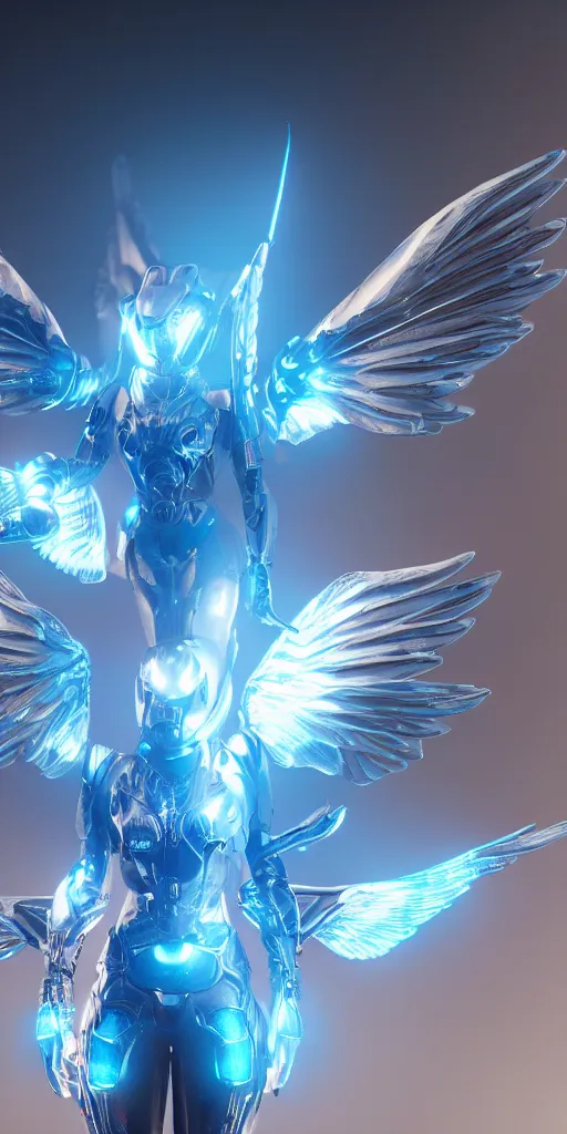 Image similar to ultra realistic details, hyper real, unreal engine 5, octane render, full body, celestial confident human in futuristic armor, new blue glowing double Hummingbird wings, floating in air, beautiful lighting, post processing