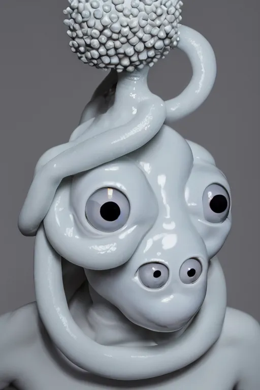 Image similar to full head and shoulders, beautiful porcelain female person, mixed with giant frog spawn eyes, smooth, delicate facial features, white detailed eyes, white lashes, 3 d white shiny thick, larg tentacles and eyeballs by daniel arsham and james jean, featured in pictoplasma