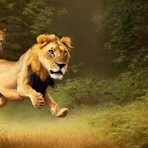 Prompt: an oil painting of lion chasing a deer in the forest, masterpiece, highly detailed, high quality, 4 k, anatomically correct, hyperrealistic, concept art, octane render, unreal engine 5, trending on artstation, trending on deviantart, matte, historical painting, fantasy style, path traced, high coherence, soft lighting, digital painting, mythical