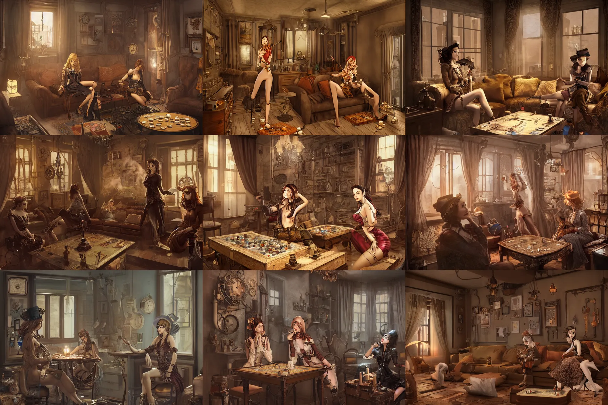 Prompt: women in the interior of a steampunk apartment, by Milo Manara, 3d scene, render, night time, smoking cigarettes, playing board games, artstation, cgsociety, unreal engine, 3d scene, zenith view