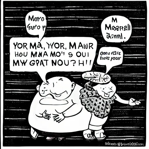 Prompt: your mama is so fat she has her own gravity, comic strip style, pen and ink