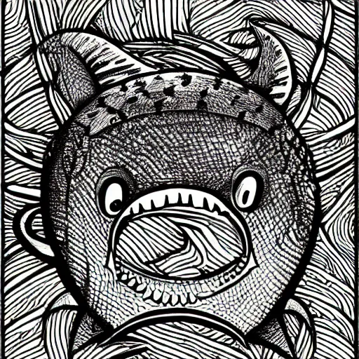 Image similar to illustration of an angler fish, in the style of robert geronimo, deep sea, stylized linework, ornamentation, artistic, muted color