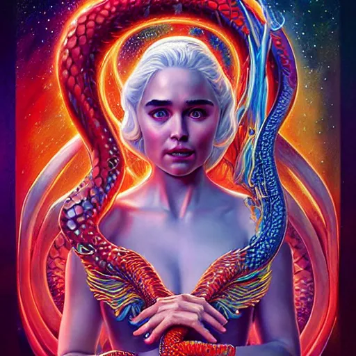 Image similar to cosmic stunning daenerys targaryen portrait with her serpent dragon of fire flame, queen of dragons, fire flaming dragon serpent, Pixar style, by Tristan Eaton Stanley Artgerm and Tom Bagshaw.