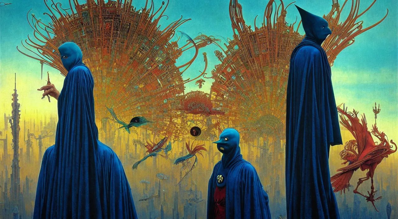 Image similar to realistic detailed portrait movie shot of a birdman wearing dark robes, sci fi city landscape background by denis villeneuve, amano, yves tanguy, alphonse mucha, ernst haeckel, max ernst, roger dean, masterpiece, rich moody colours, blue eyes, occult