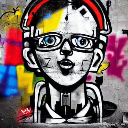 Image similar to chappie colorful graffiti, black and white zef design graffiti on the wall, dark lighting, digital art