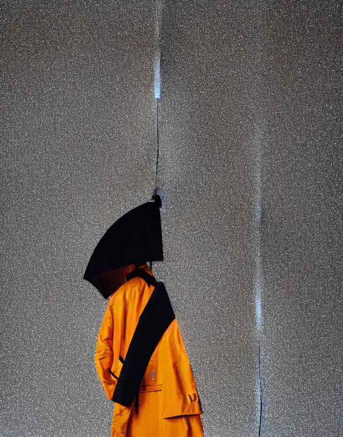 Image similar to close - up portrait of an empty slick fashionable zara raincoat floating suspended mid - air on a glittering wet rainy display designed by olafur eliason, james turrell, shot by wes anderson, lily frank, symmetry, rule of thirds