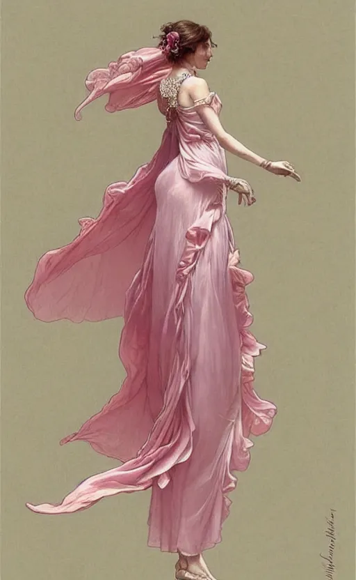 Prompt: delicate !!beautiful!! woman dressed in a vaporous wrapped large victorian pink roses silk semi-transparent dress fashion is running, fantasy, intricate, elegant, highly detailed, digital painting, trending on artstation, concept art, matte, sharp focus, illustration, art by Artgerm and Greg Rutkowski and Alphonse Mucha, trending on instagram, art nouveau