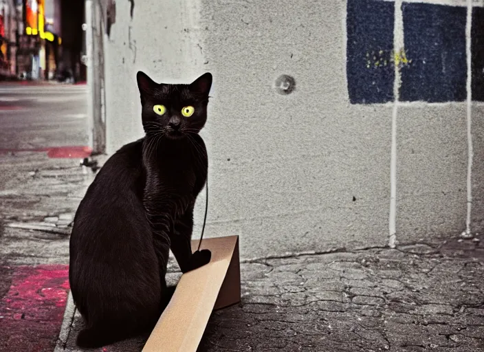 Image similar to photography of a Cat sitting on a box. in a cyberpunk street, award winning photo, colors, 100mm, sharp, high res