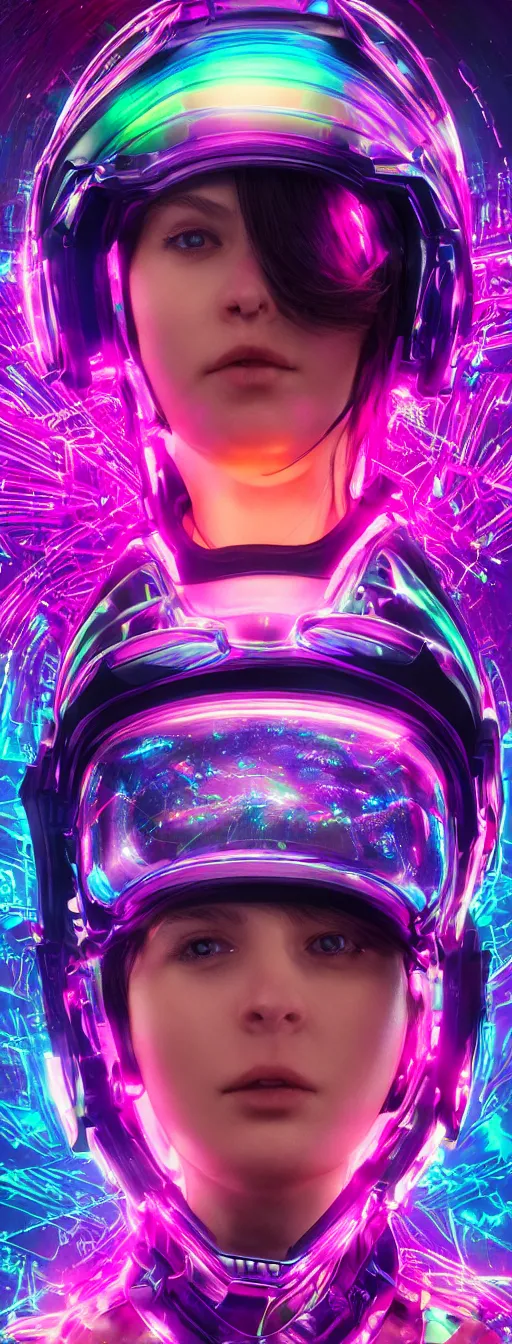 Image similar to a women wearing neon helmet with a visor iridescent, beautiful, technological, unreal, hyper-detailed, mega-detailed, realistic, cinematic, octane render, concept art, dark, cosmic, ominous, symmetric, colorful and dark