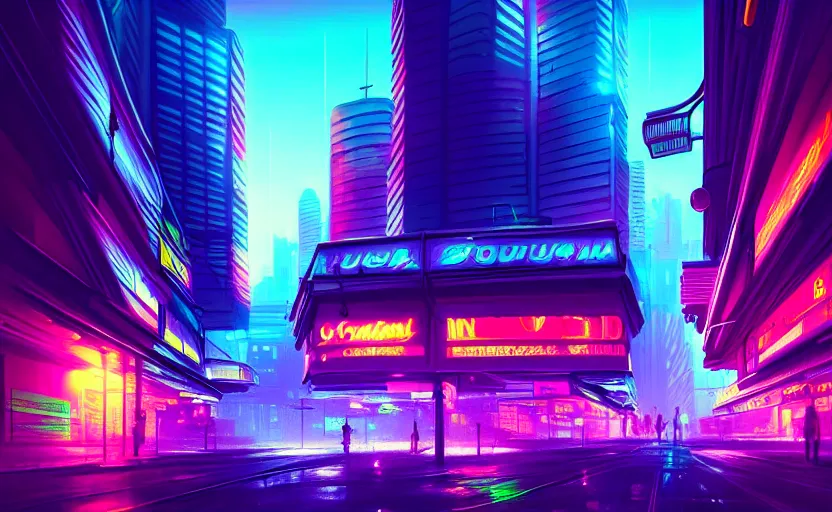 Prompt: downtown, vibrant lush neon lighting, beautiful volumetric-lighting-style atmosphere, futuristic atmosphere, intricate, detailed, photorealistic imagery, artstation