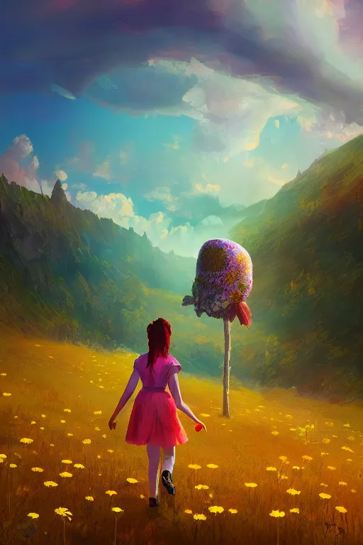 Image similar to giant daisy flower head, girl hiking in the mountains, surreal photography, sunrise, dramatic light, impressionist painting, colorful clouds, digital painting, artstation, simon stalenhag