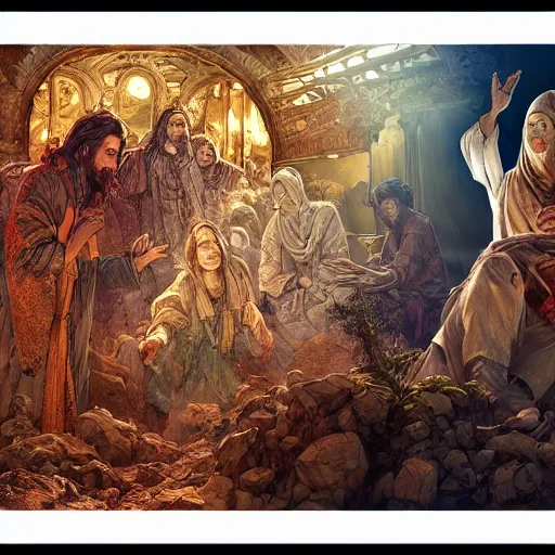 Image similar to the transfiguration of jesus christ, an ultrafine hyperdetailed illustration by kim jung gi, irakli nadar, intricate linework, bright colors, octopath traveler, final fantasy, unreal engine 5 highly rendered, global illumination, radiant light, detailed and intricate environment