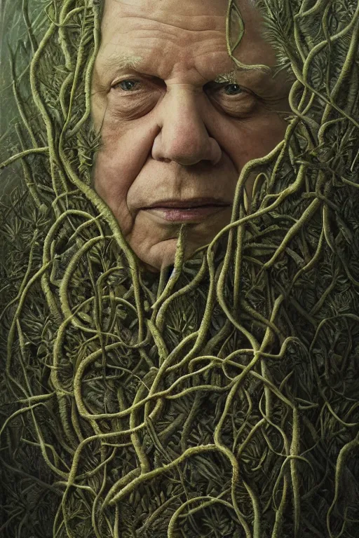 Prompt: intricate stunning highly detailed portrait of sir david attenborough, 🌱, by agostino arrivabene and vladimir kush, surreal, digital painting, ultra realistic, dramatic lighting, twisted vines, lush plants, pristine water, artstation