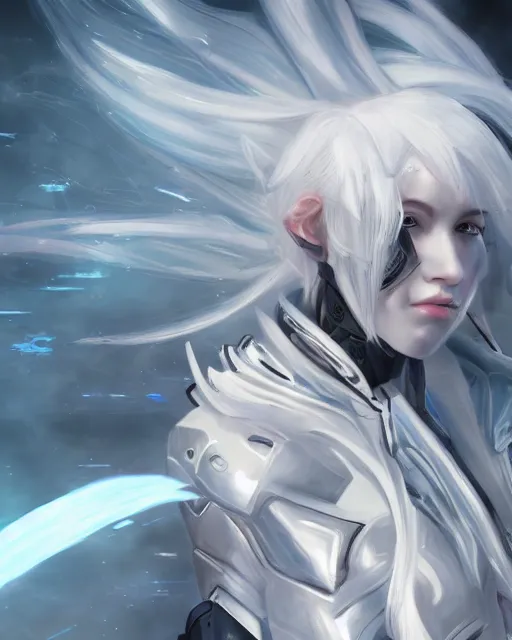 Image similar to perfect white haired girl, warframe armor, beautiful, dreamy, pretty face, blue eyes, detailed, windy weather, scifi, utopian architecture, laboratory, 4 k, ultra realistic, aura of light, cinematic, high detail, masterpiece, art by akihito tsukushi, akasuki voidstar