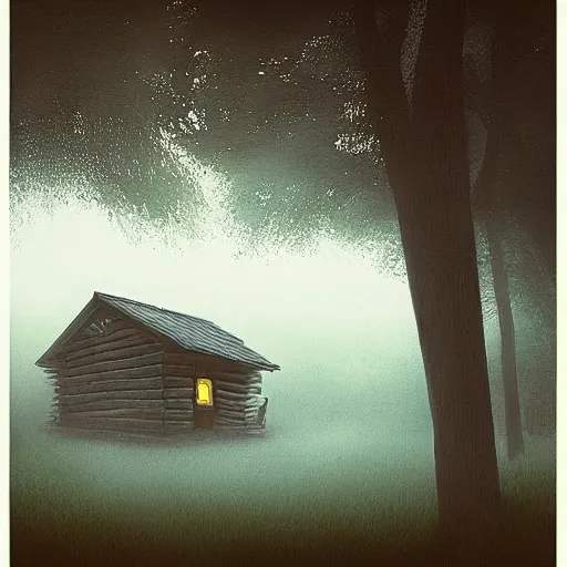 Image similar to “ swedish cabin in the forest next to the lake by simon stalenhag, misty morning, cinematic ”