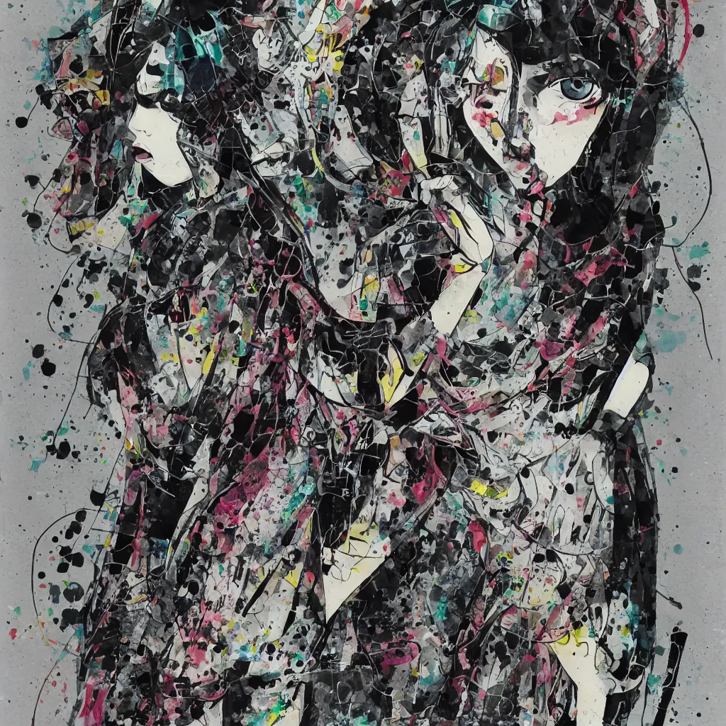 Image similar to girl figure, abstract, jet set radio artwork, ryuta ueda artwork, cryptic, rips, spots, asymmetry, stipple, lines, splotch, color tearing, pitch bending, stripes, dark, ominous, eerie, hearts, minimal, points, technical, old painting, natsumi mukai artwrok, folds
