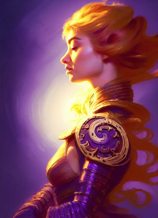 Image similar to side portrait, imogen poots, paladin, gloomhaven, colorful swirly ripples, gaudy colors, luminescent, unreal engine, by greg manchess, huang guangjian, gil elvgren, greg rutkowski, jesper ejsing, magali villeneuve, artgerm, ilya kuvshinov