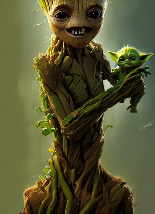 Image similar to very detailed masterpiece painting of groot holding yoda, portrait, artstation, concept art by greg rutkowski