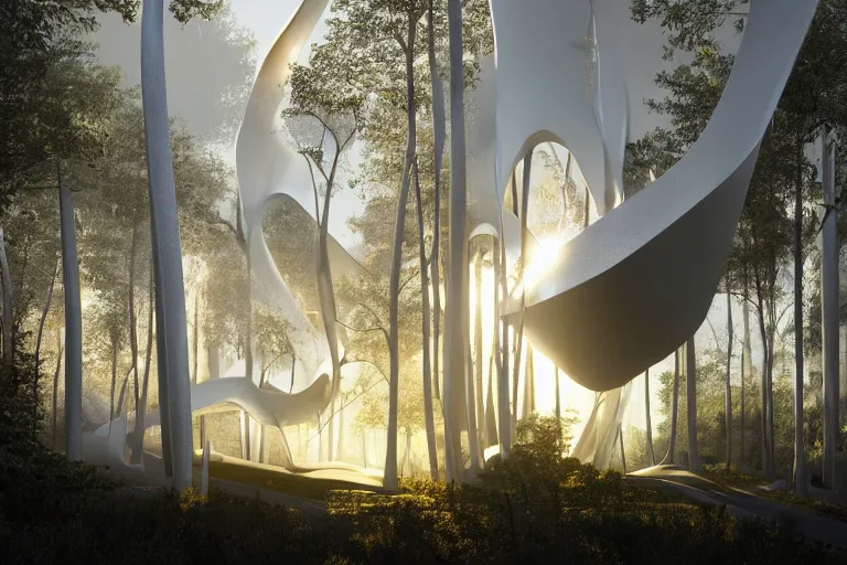 Image similar to extremely detailed sculpture designed by Zaha Hadid in a forest, stunning volumetric light, sunset, metal, concrete and translucent material, stunning skies, trending on Artstation, 8k, photorealistic, hyper detailed, unreal engine 5, IMAX quality, cinematic, epic lighting, in the style of Greg Rutkowski