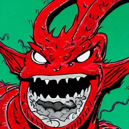 Image similar to big red dragon face on a zoom call. akira style photo