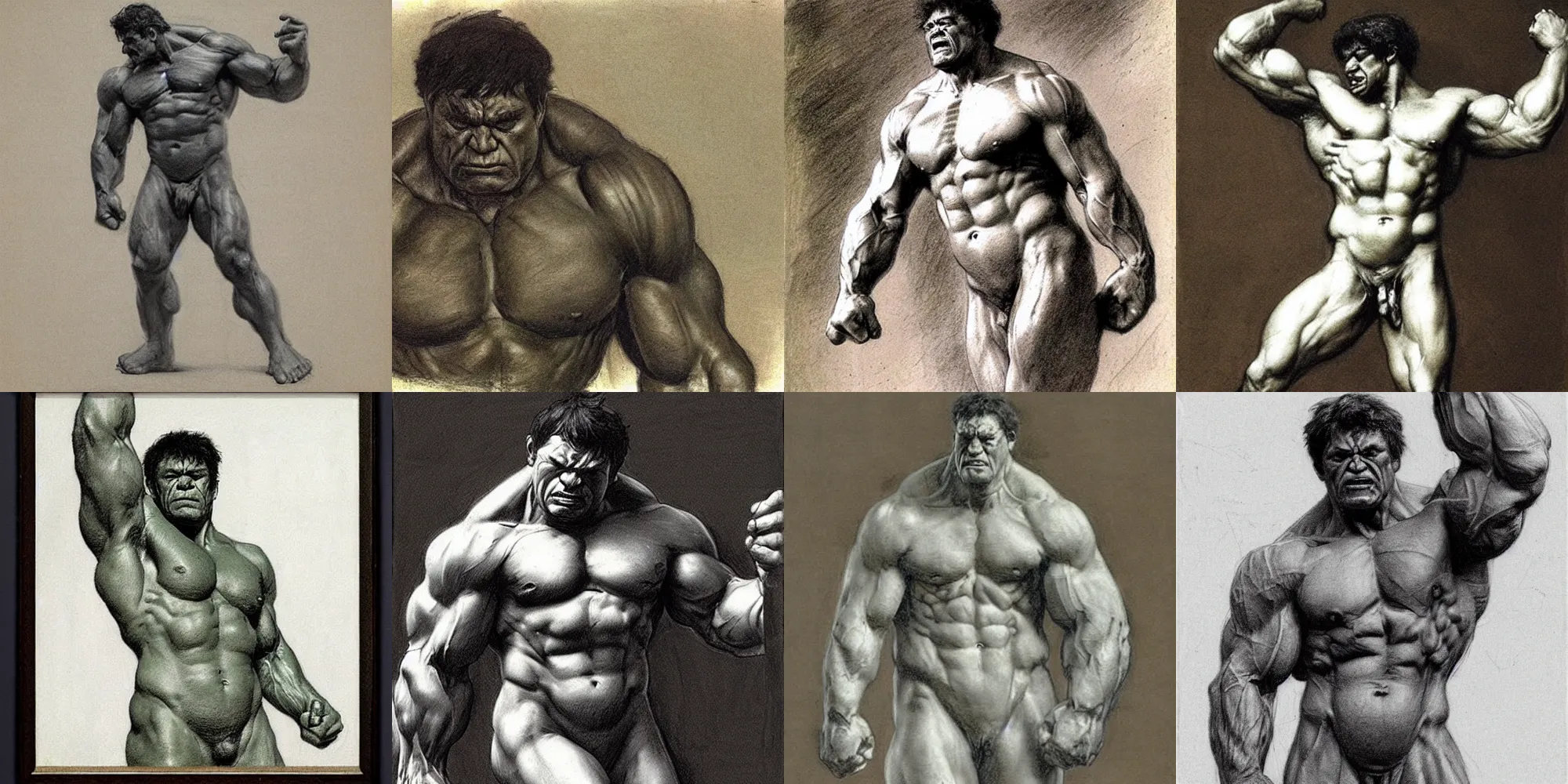 Prompt: Drawing sketch of the Hulk, by Ilya Repin, Michelangelo, chalk, charcoal, russian academic, musculature