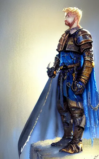 Image similar to a rugged young knight with blonde hair and blue eyes and a short beard wearing a blue shirt over chain mail and steel pauldrons and a yellow cape and leather boots concept art by Tony Sart and Greg Rutkowski, realistic, highly detailed, masterpiece, ArtStation