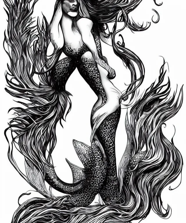 Image similar to black and white illustration, creative design, dark fantasy, mermaid, full body