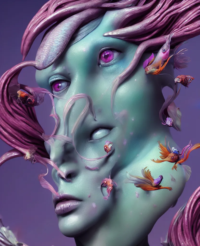 Image similar to goddess full color painted acryllic sculpture close-up portrait. orchid bird phoenix head, nautilus, skull, betta fish, bioluminiscent creatures, intricate artwork by Tooth Wu and wlop and beeple. octane render, trending on artstation, greg rutkowski very coherent symmetrical artwork. cinematic, hyper realism, high detail, octane render, 8k