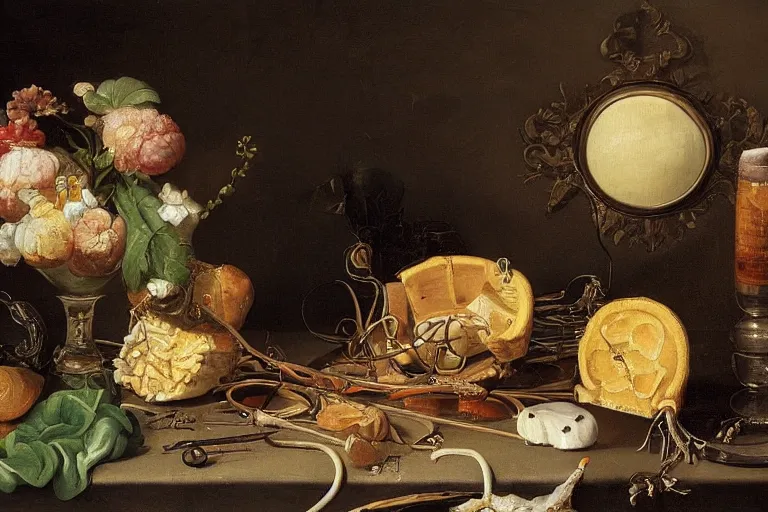 Image similar to a vanitas painting by clara peeters and pieter claesz, depicting an NVIDIA RTX GPU , graphics card, cables, wires