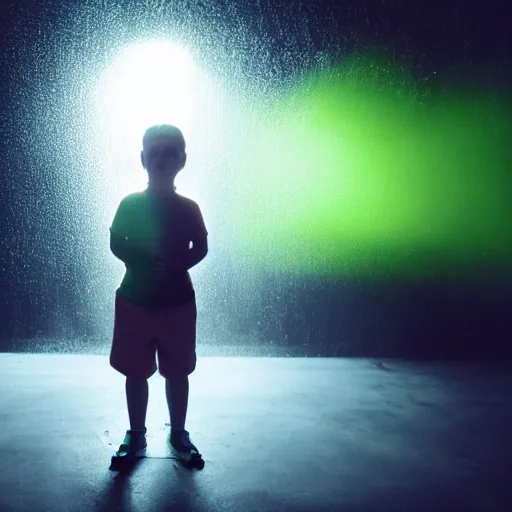 Image similar to a young boy with face lit by green glow at midnight, atmospheric epic award winning photo with volumetric cinematic lighting